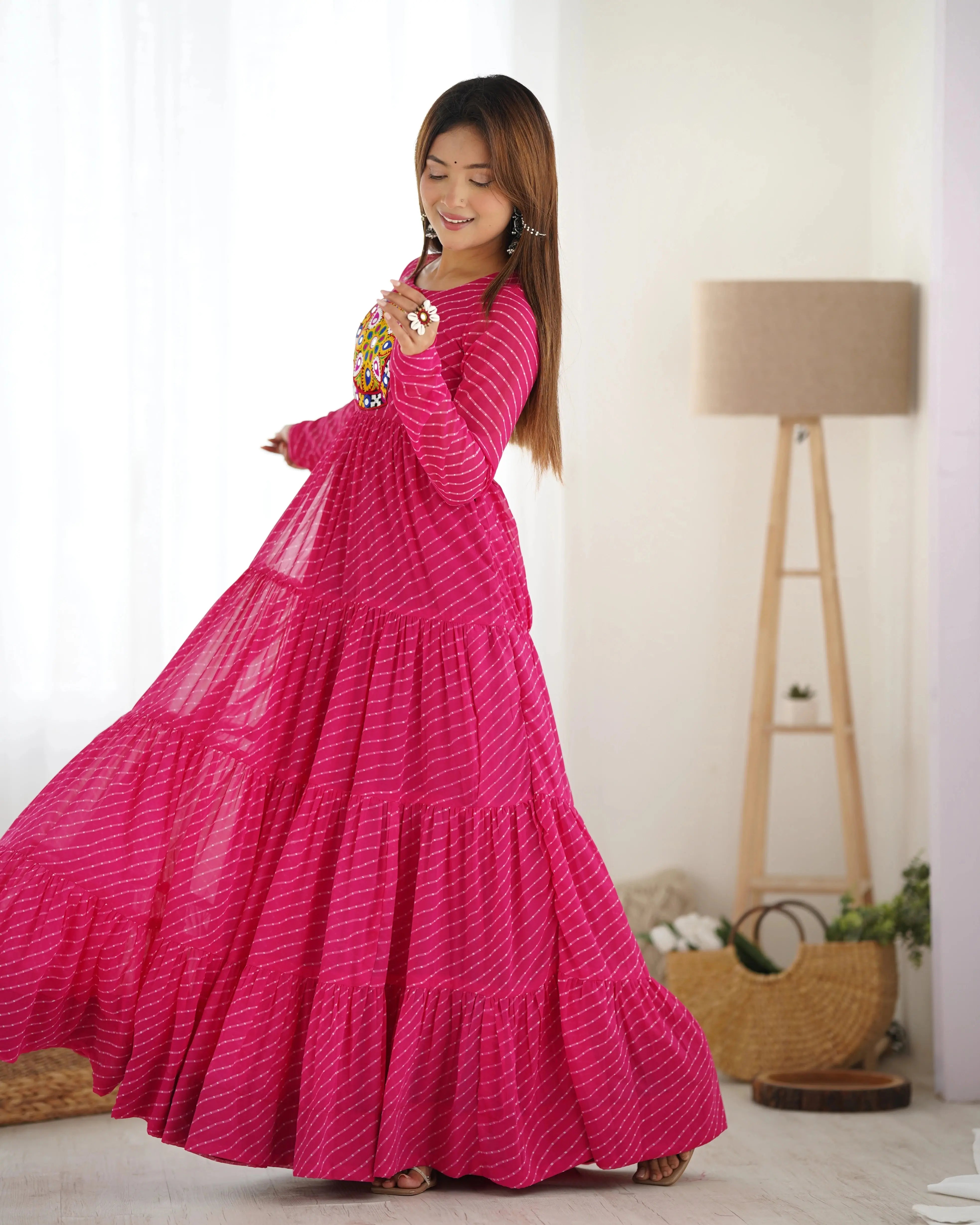 Dark Pink Gamthi with Laheriya Print Fox Georgette Gown – Kalyanja